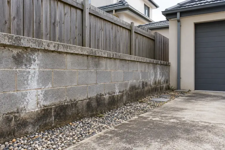 Illustration of staining on a block wall and surrounding ground levels for assessment