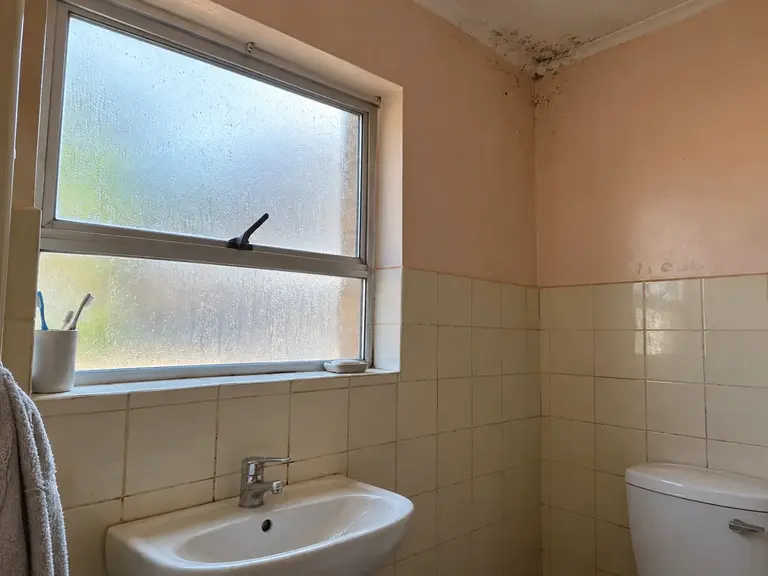 Illustration of bathroom window droplets and dark spotting near a ceiling corner