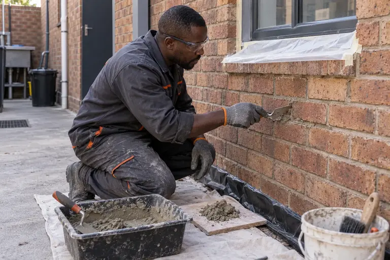 Illustration of a protected work area and preparation of a masonry joint