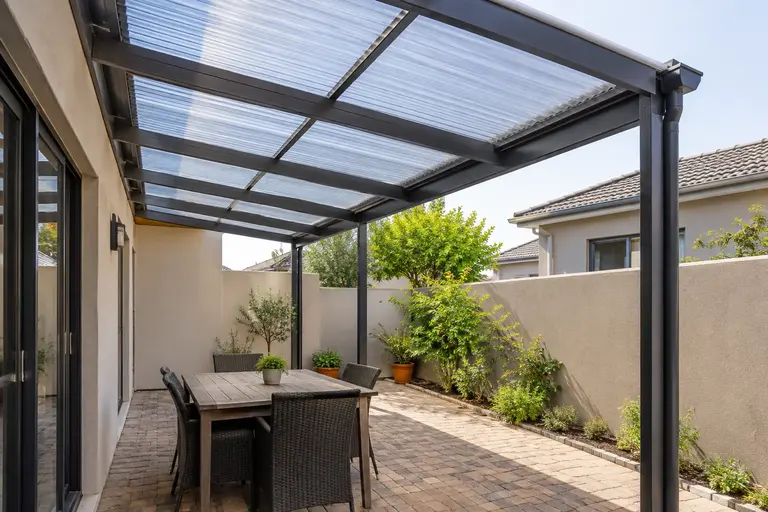 Illustration of translucent polycarbonate roof sheeting over a covered area